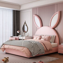 Net red rabbit ear bed Princess children ins wind Nordic solid wood custom four-piece girl soft bag fall-proof small