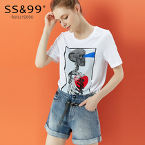 SS&99 short-sleeved womens 2021 new womens white t-shirt womens patch printing round neck loose top womens summer