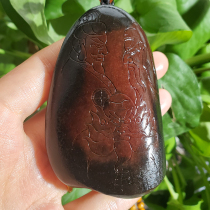 Fine Hotan jade ink jade river pigeon red blood nearly one breath red Qin seed material bas-relief peach garden three knot handle a