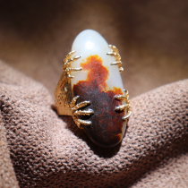 Dialect first-hand boutique gather red skin and one breath suet jade 18K gold inlaid jade single seed material golden rooster announcement ring O