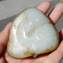 Dialect Hetian jade fine value jade carving Zhang Zaibin works Deerskin cooked waxy antique dragon spit beads handle f