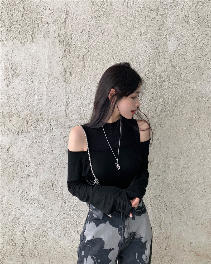 实拍实价侧面抽绳 秋季修身露肩长袖tee恤两件套