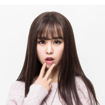 I want to wear a real hair wig long straight hair womens fashion realistic Qi oblique bangs wig headgear real hair