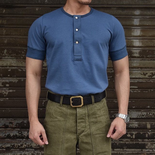 Chaimi American retro Henry collar Ami khaki heavyweight T-shirt men's short-slim slim casual solid color cotton summer