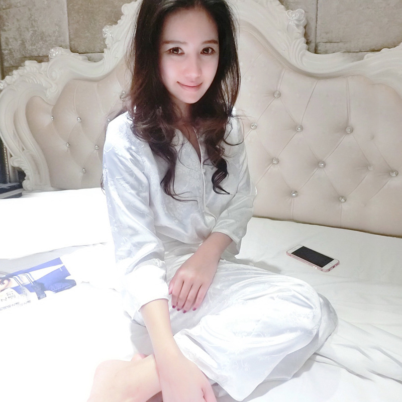 刘钰懿春秋新款真丝睡衣女士长袖长裤两件套丝绸白色居家服套装女