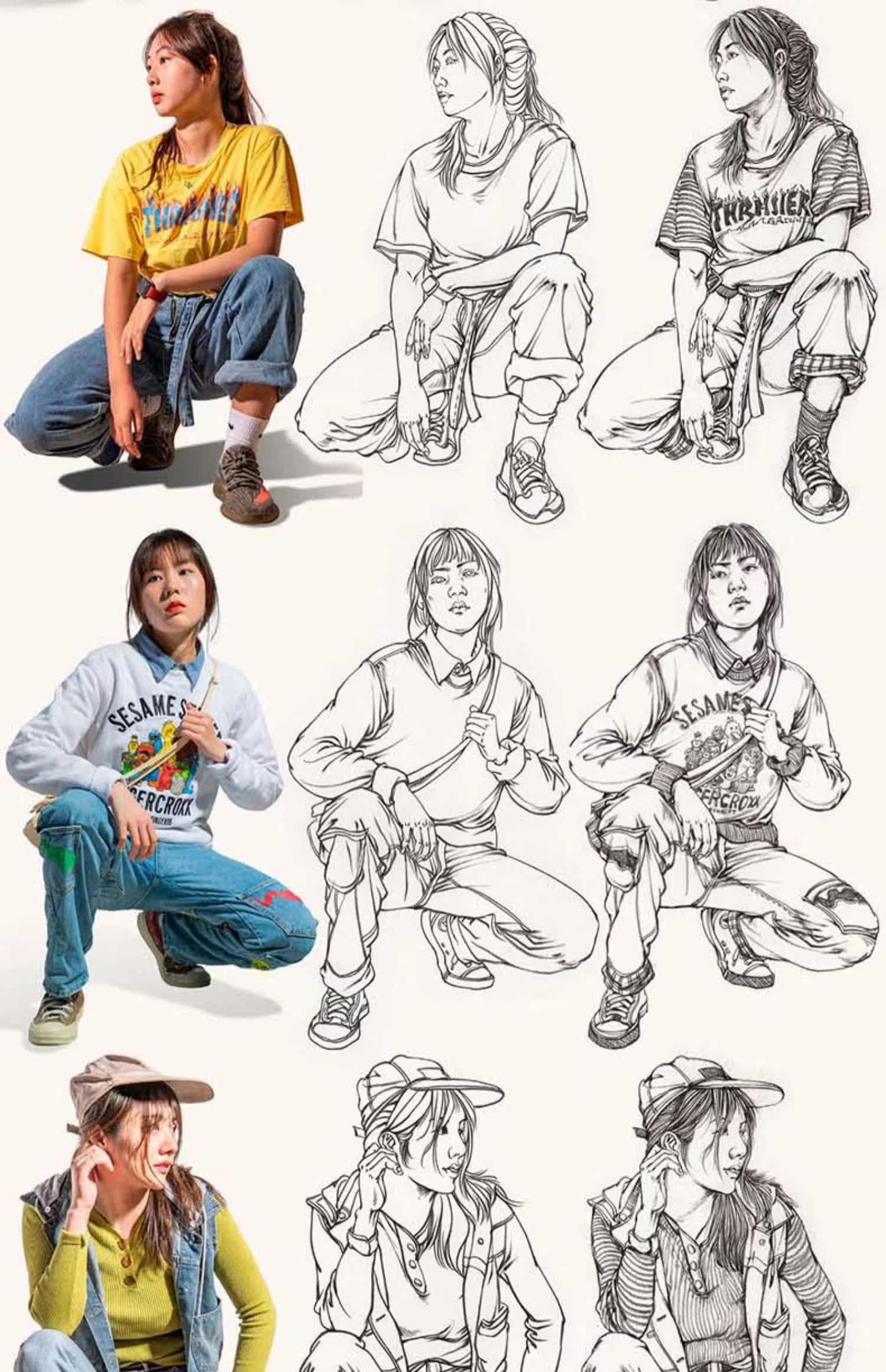 教你画线描速写临摹范本 2021烈公文化郭志君速写基础站坐蹲单人组合