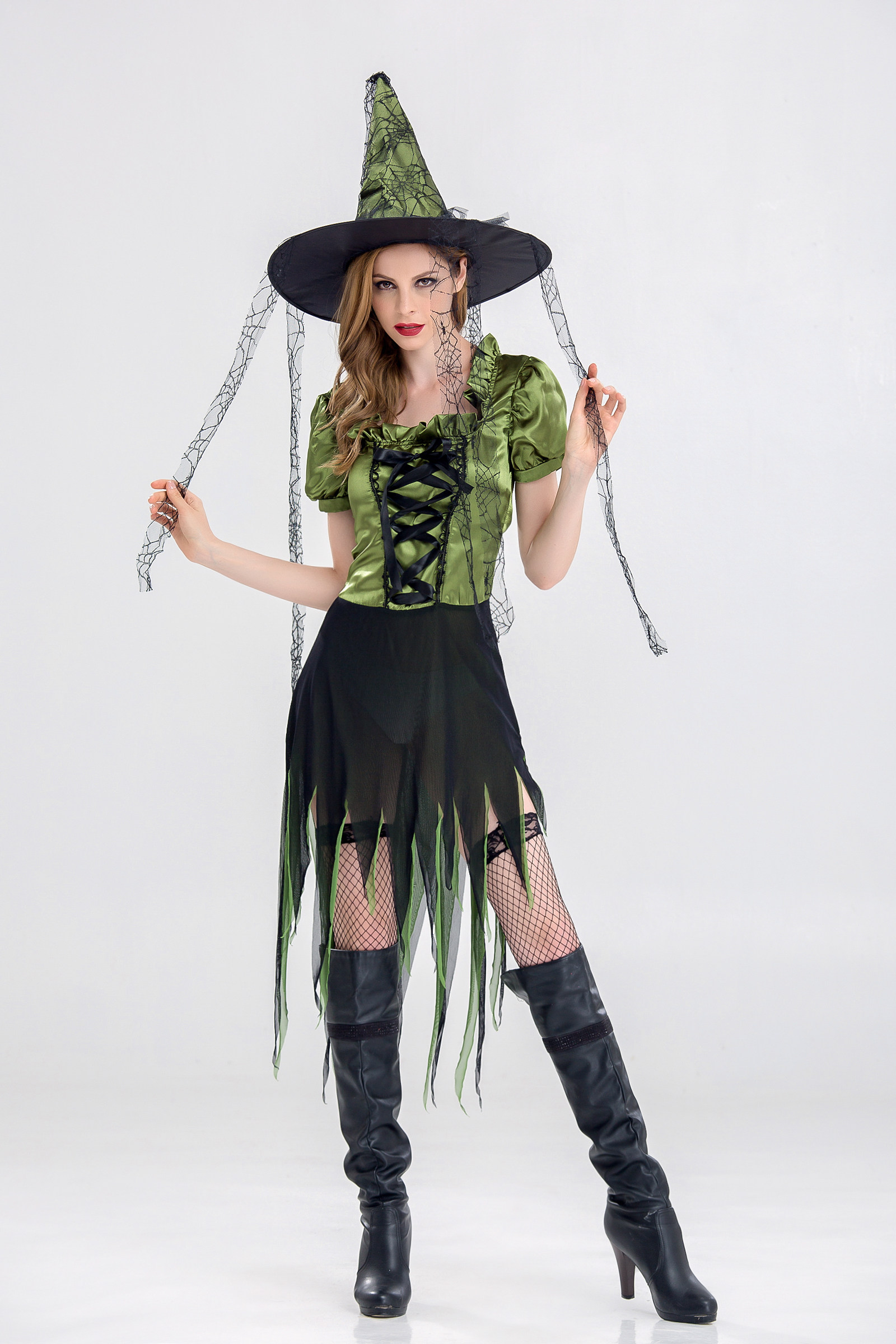 万圣节服装 halloween恶魔装 女巫装 cosplay吸血鬼 绿色扫把巫婆