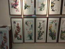 Suzhou embroidery machine embroidery imitation handmade plum orchid bamboo and chrysanthemum spring summer autumn and winter Suzhou embroidery four-screen living room decorative painting peony