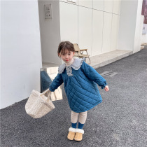 Xiaobao Family 2021 Winter New Korean Edition Girls Vintage Ruffled Lapel Dress Baby Girl Cotton Skirt