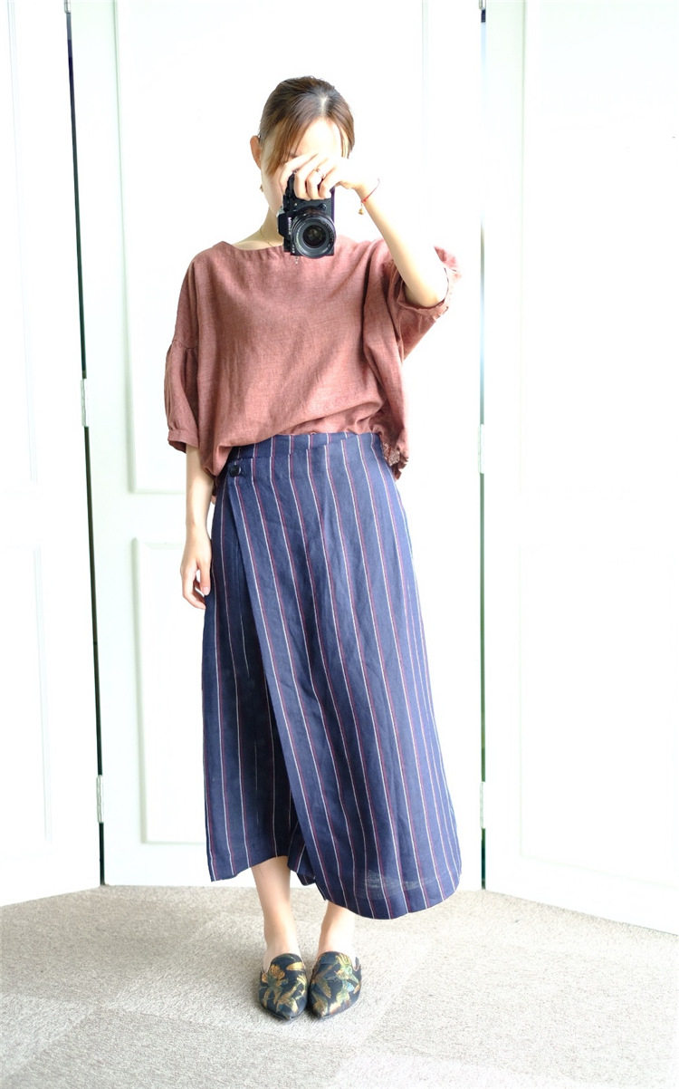 2017夏季女装新款裙裤百搭亚麻苏格兰风条纹围裹式七分裙裤_不打折