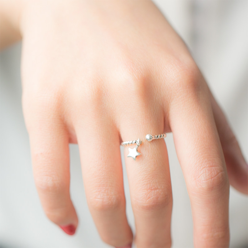 银匠世家s925纯银戒指泰银星星麻花开口小清新银饰复古个性森林系_7折