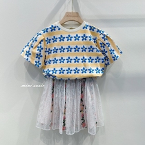 100-155 Korean childrens clothing white background yellow horizontal stripes blue flowers thin terry short-sleeved T-shirt