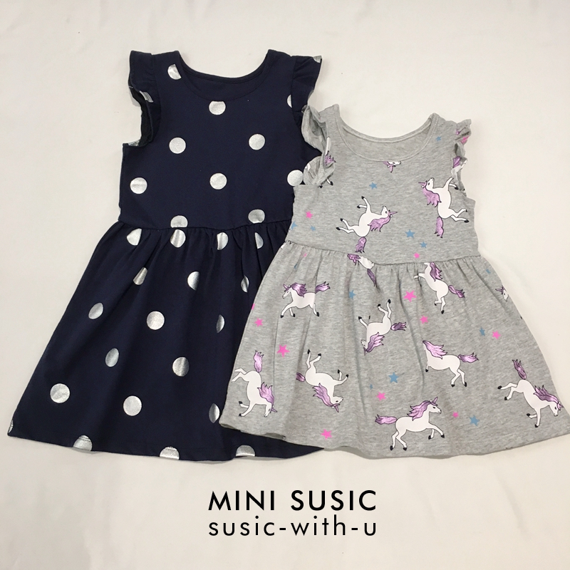 Special offer non-refundable 1-8 years old minisusic navy blue dot gray unicorn print sleeveless dress