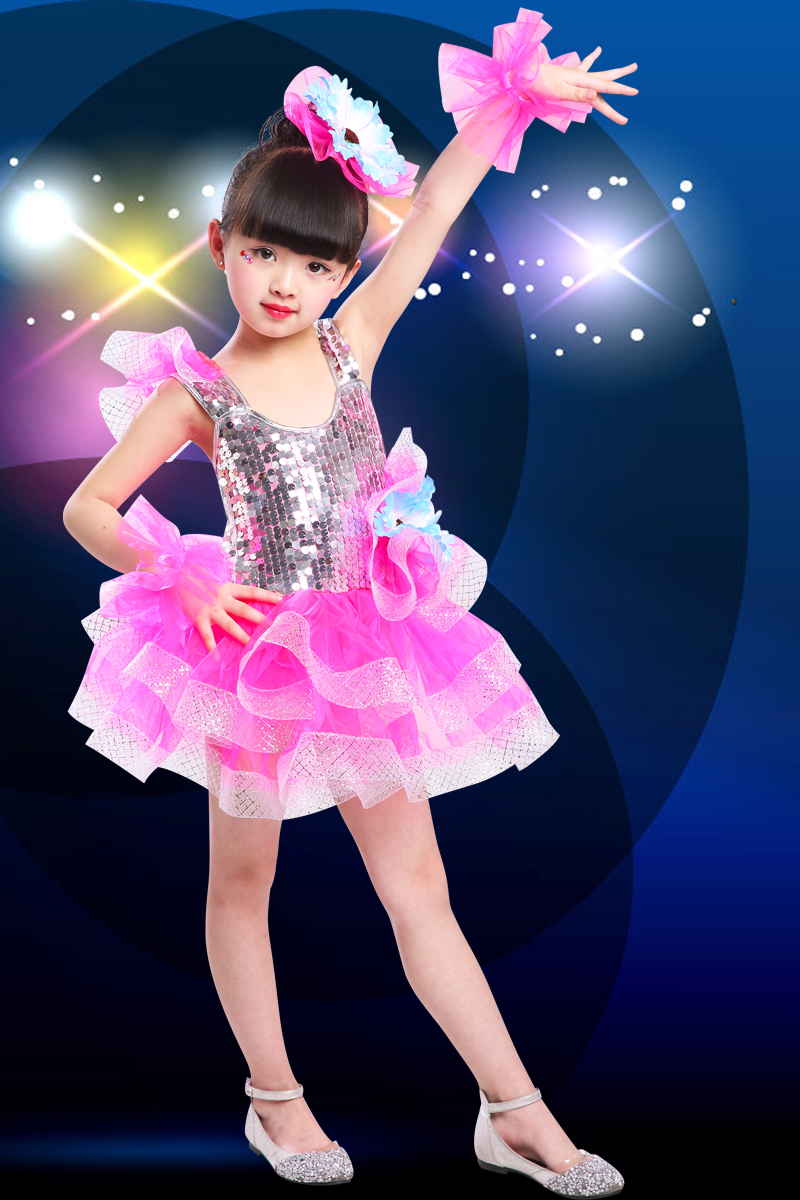 儿童大亮片花朵演出走秀表演服女童现代爵士舞蹈服装幼儿蓬蓬纱裙