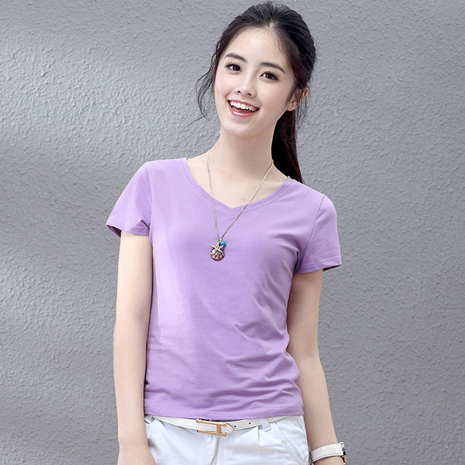 菛鹿纯色韩版女装体恤上衣打底衫夏季新款v领修身纯棉短袖t恤女