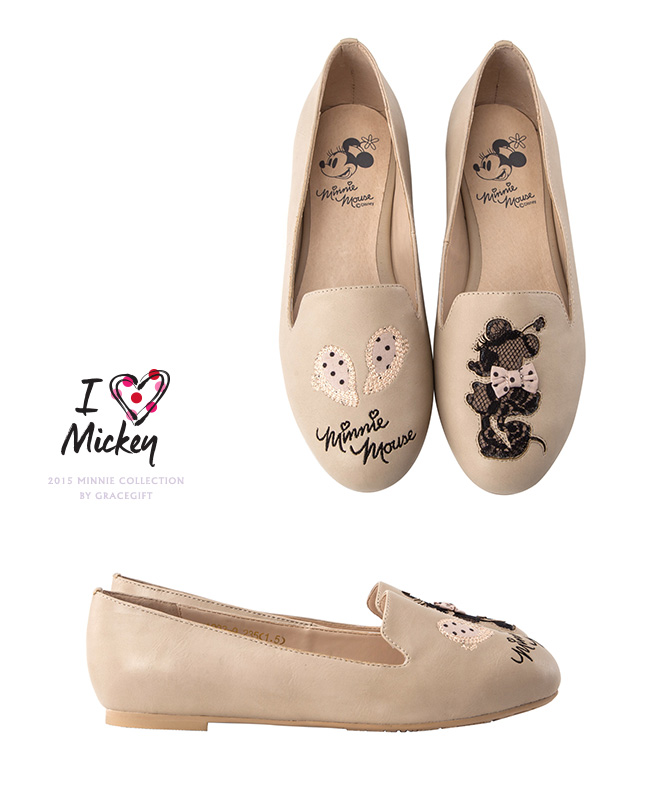 grace gift&迪士尼米妮剪影不对称蕾丝电绣休闲平底单鞋乐福鞋女