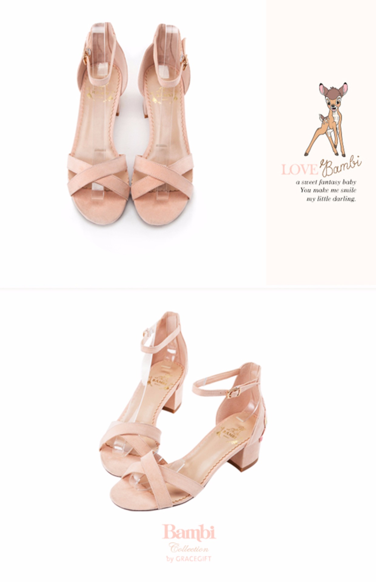 grace gift迪士尼斑比可爱刺绣凉鞋女露趾后包中跟鞋粗跟淑女鞋夏_7折