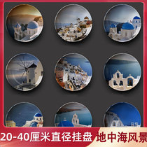 Landscape decorative hanging plate combination Mediterranean Greek style Disc decorative plate Round decorative painting plate wall