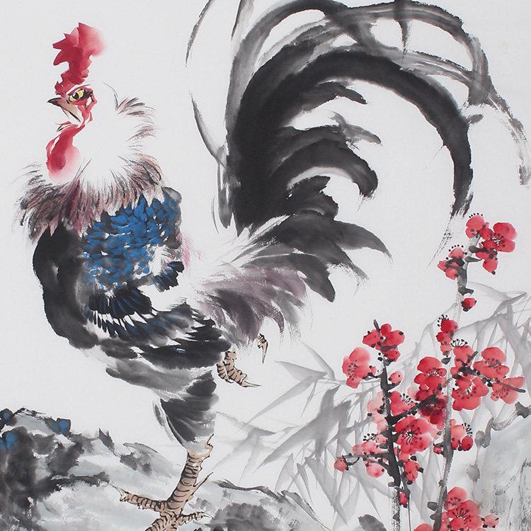 包邮竖幅中国画雄鸡图公鸡画水墨画名家花鸟字画玄关客厅大吉大利