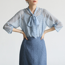 LIMONN small plaid perspective lace-up 7-point sleeve shirt literary fresh with suspenders spring and summer light top chic