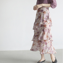 LIMONN oil painting flower high waist cake skirt multi-layer asymmetric skirt elegant gentle fashionable chic elegant female