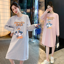 Maternity autumn dress mid-length long-sleeved top clothes spring and autumn loose cotton cartoon T-shirt skirt autumn