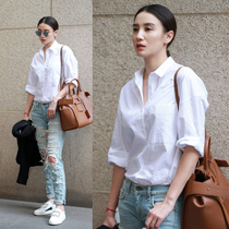 Shirt woman fit 2021 summer loose Korean version BF wind casual pure cotton long sleeve white shirt 100 hitch professional OL blouse