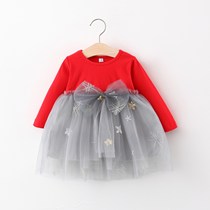 Female baby spring net red dress 2021 new long-sleeved princess mesh skirt 01-2-3 years old girl top