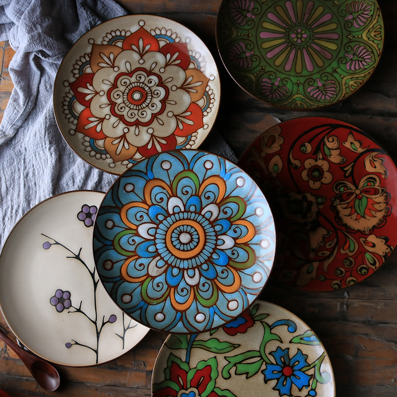 复古创意个性8寸手绘彩釉花朵陶瓷盘子平盘牛排盘装饰盘艺术盘