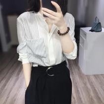 Snowspun Shirt Woman Spring New Loose Design Feel Fold in Career Shirt Temperament Long Sleeve Fastwear Striped Blouse