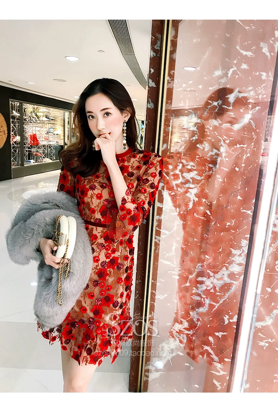 Phụ nữ tính khí váy phụ nữ 2021 mùa hè mới thêu sequins màu đỏ váy váy nhỏ váy ngắn gợn sóng - Sản phẩm HOT