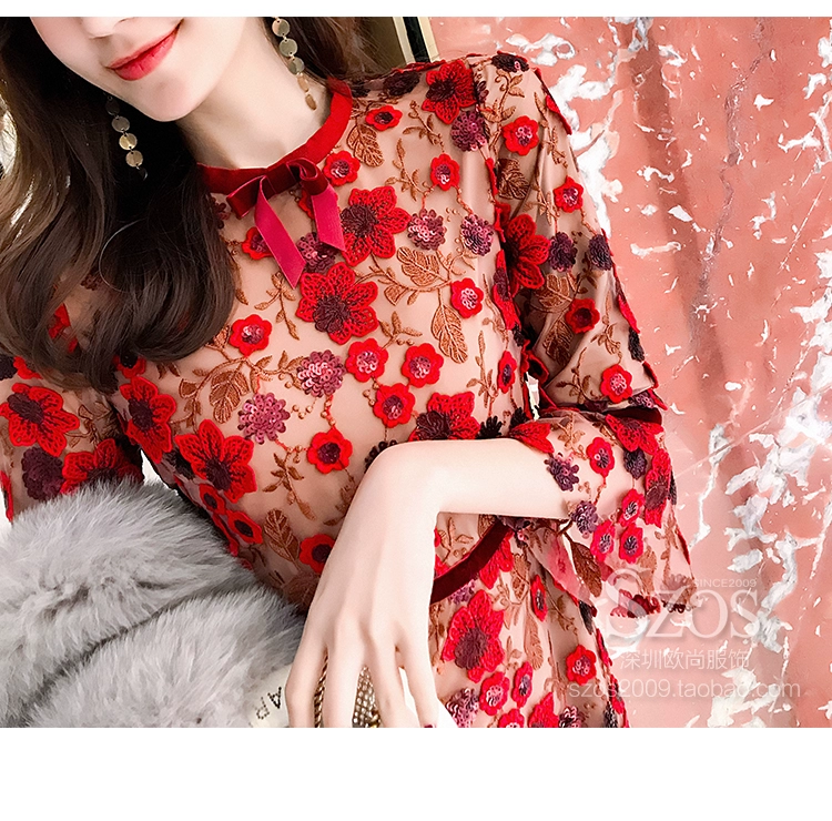 Phụ nữ tính khí váy phụ nữ 2021 mùa hè mới thêu sequins màu đỏ váy váy nhỏ váy ngắn gợn sóng - Sản phẩm HOT