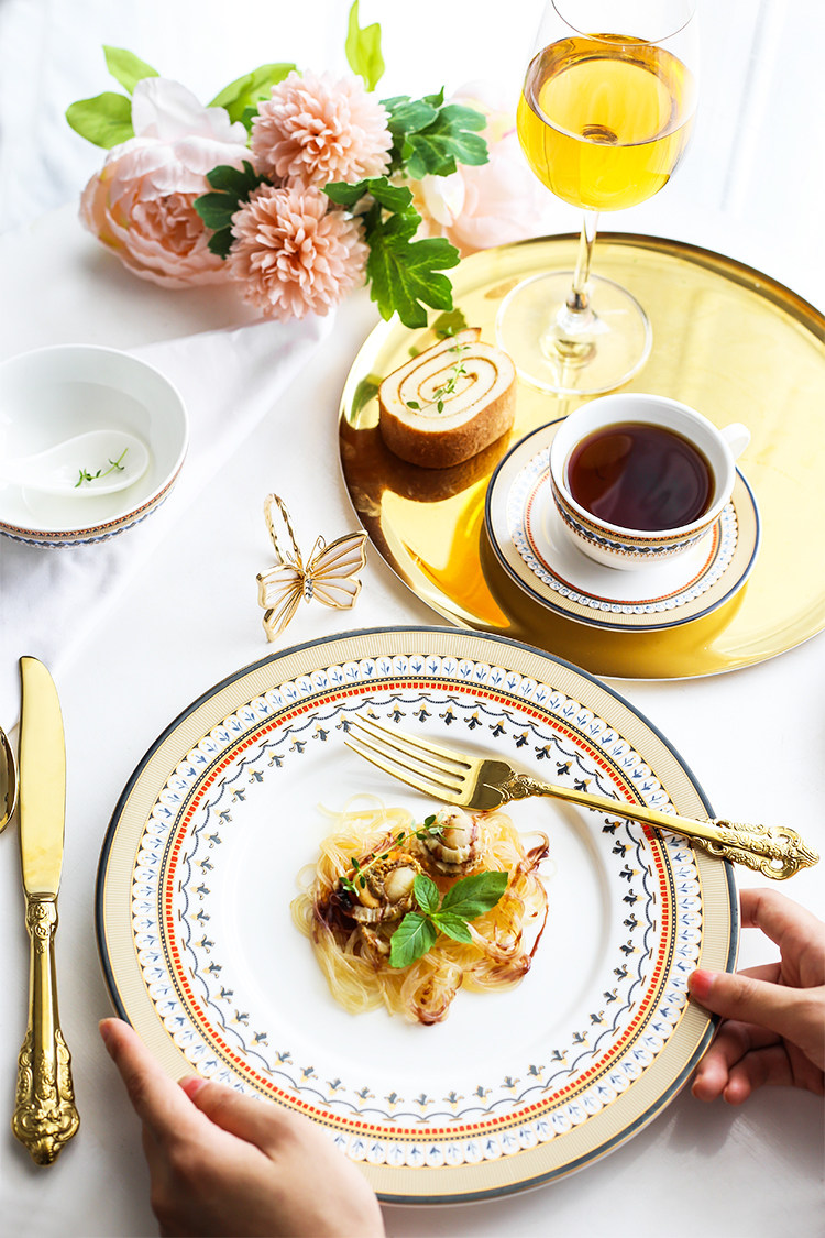 欧式法式皇家陶瓷描金西餐盘子沙拉盘家用牛排盘甜品盘餐台摆盘