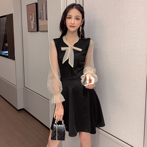 Autumn and winter 2020 new fashion foreign style long sleeve little black dress mesh splicing celebrity birthday black d