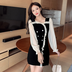 New aw2020 long sleeve stitching contrast fashion black dress