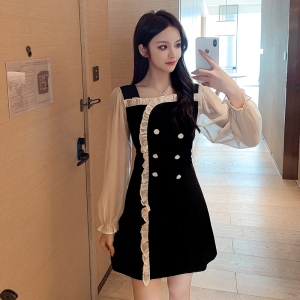 New aw2020 long sleeve stitching contrast fashion black dress