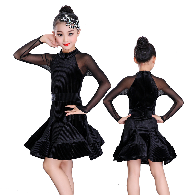 Girls Latin Dance Dresses Long Sleeve Latin Dance Promotion Competition Provisions for Wearing Sand Stripe Performance Dresses for Children&apos;s Gongfu Dresses