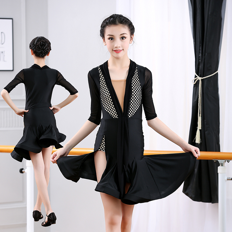 Girls Latin Dance Dresses Latin dancing dress women&apos;s mid-sleeve exercise dress performance competition black split dress sexy mesh pendant skirt