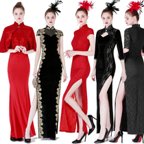 Olai Lan Kwai Fong French catwalk modified gold velvet cheongsam 2021 new lace retro dress long section