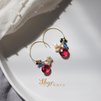 Love for Red Heart-Three-in-one Rose Red Quartz Blue Crystal Pearl Imported 14k Bag Gold Temperament Earrings