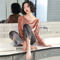 Autumn and Winter jin si rong pajamas women long sleeve new suit ladies sexy spring and autumn two-piece may be outer wear clothes at home