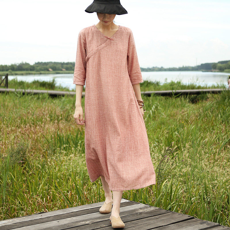 帛色2017秋装新款女棉麻连衣裙 七分袖宽松长裙 文艺中式盘扣长裙_不