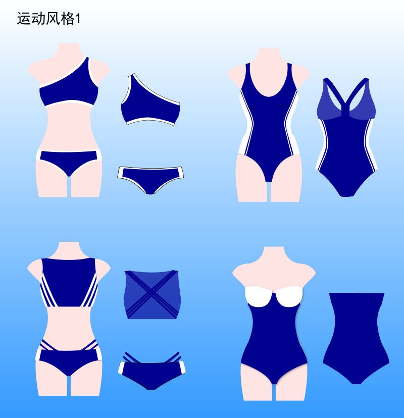 泳装服饰设计款式效果图矢量图ai代画样衣平面图绘制工艺制作单