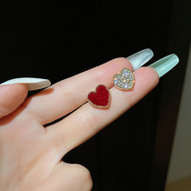 999 pure silver 925 foot silver needle flash drilling Love heart ear nail woman red peach heart light extravagant and elegant ear decoration