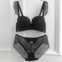 Love black sexy deep V gathered thin large size three-breasted adjustable bra set hollow sexy panties