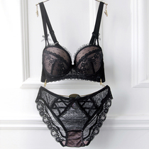 Flower rose sexy strap temptation Lace deep V large size thin underwear set gathered bra briefs for women