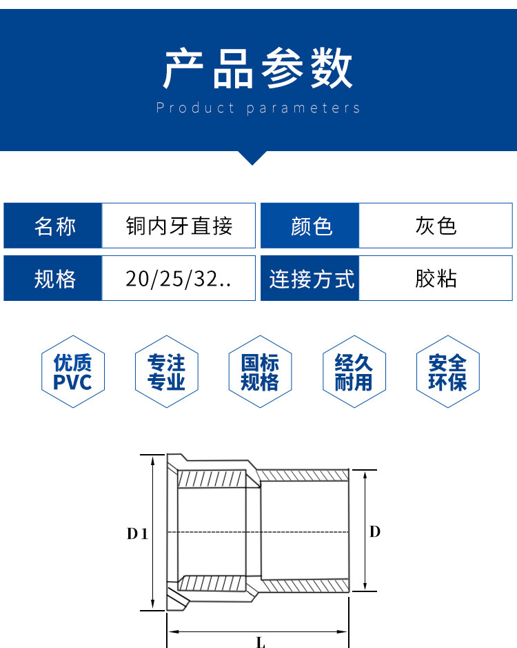 pvc入铜内丝直接 upvc给水管变异径内牙接头铜内螺纹直通接头配件
