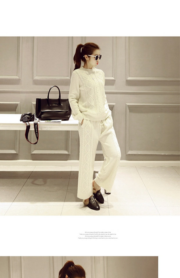 2017春装韩版复古粗麻花毛衣宽松长裤套装针