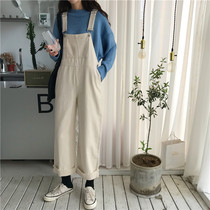 Denim bib pants female Korean version loose student age reduction net red wild Sen female cute high waist thin nine points wide legs