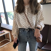 French girl wave point long-sleeved shirt womens autumn Korean version loose and wild thin retro design niche top